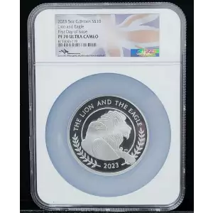 •    This landmark coin marks the first collaboration between the Royal Mint and a former US Mint Chief Engraver 
•    Master designer John Mercanti is acclaimed for his American Silver Eagle design 
•    This 2023 5oz Silver Great Britain Lion & Eagle co